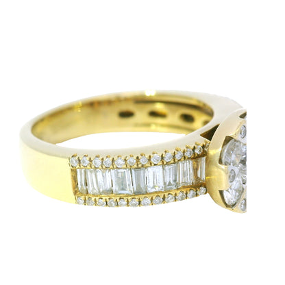 18K Yellow Gold Natural Round Brilliant& Baguette Cut Diamond Flower Fashion Ring