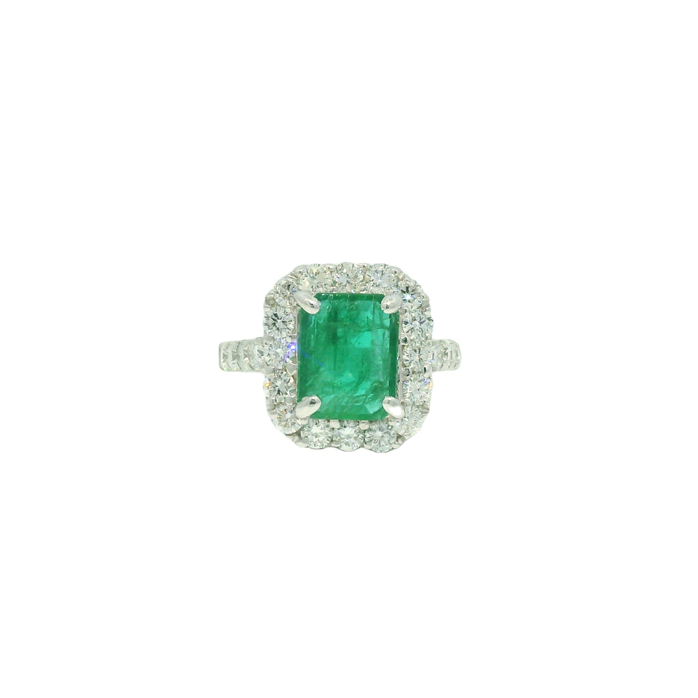 18k White Gold Natural 3.95 Carat Emerald & Natural Diamond Halo Ring
