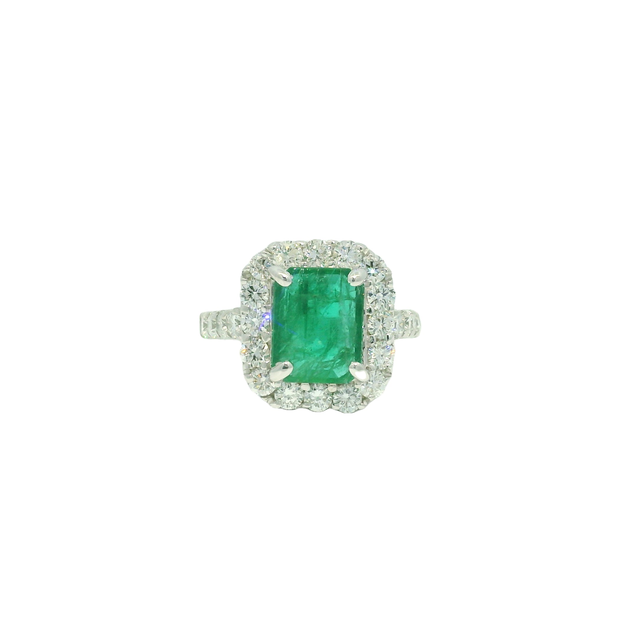 18k White Gold Natural 3.95 Carat Emerald & Natural Diamond Halo Ring