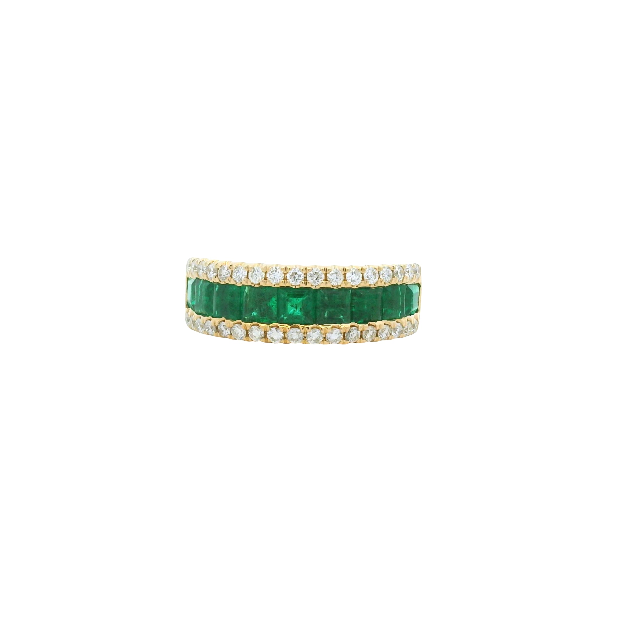 14k Yellow Gold Natural Emerald &amp; Diamond 3-Row Band Ring
