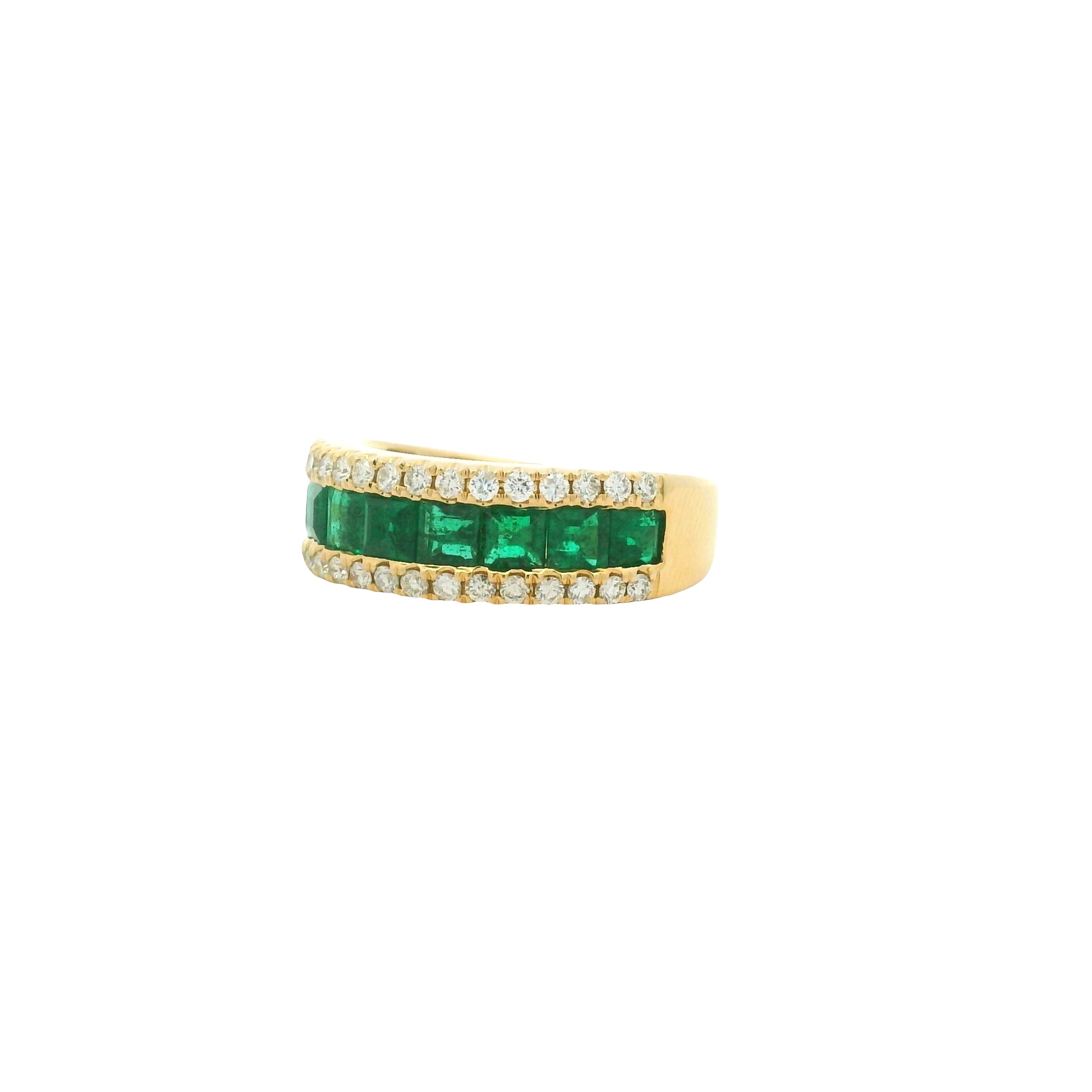 14k Yellow Gold Natural Emerald &amp; Diamond 3-Row Band Ring