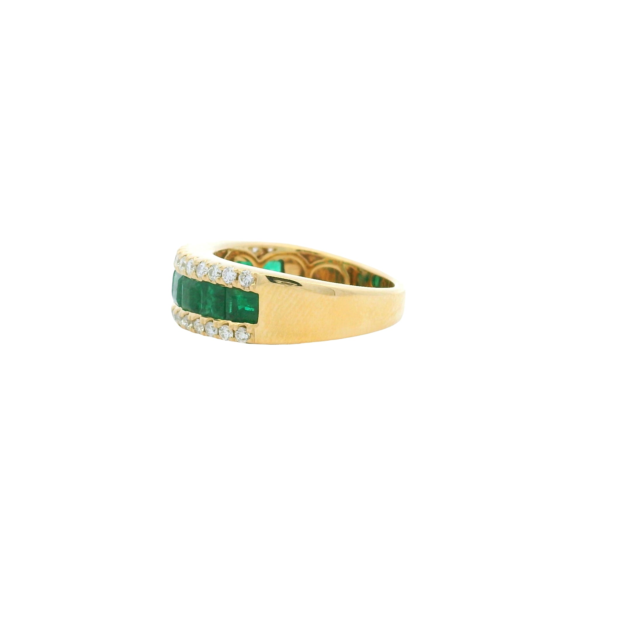 14k Yellow Gold Natural Emerald &amp; Diamond 3-Row Band Ring