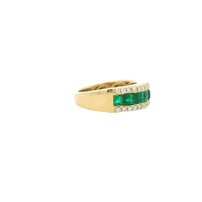 14k Yellow Gold Natural Emerald &amp; Diamond 3-Row Band Ring