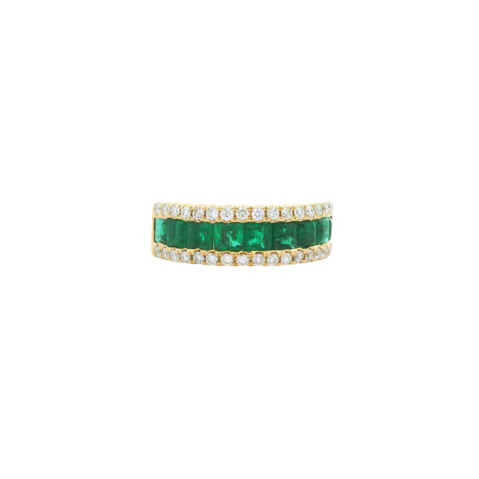 14k Yellow Gold Natural Emerald &amp; Diamond 3-Row Band Ring