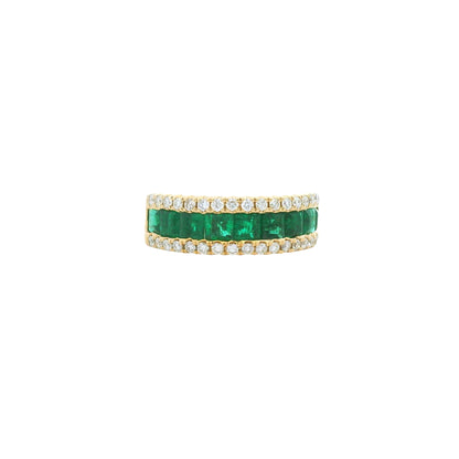 14k Yellow Gold Natural Emerald &amp; Diamond 3-Row Band Ring