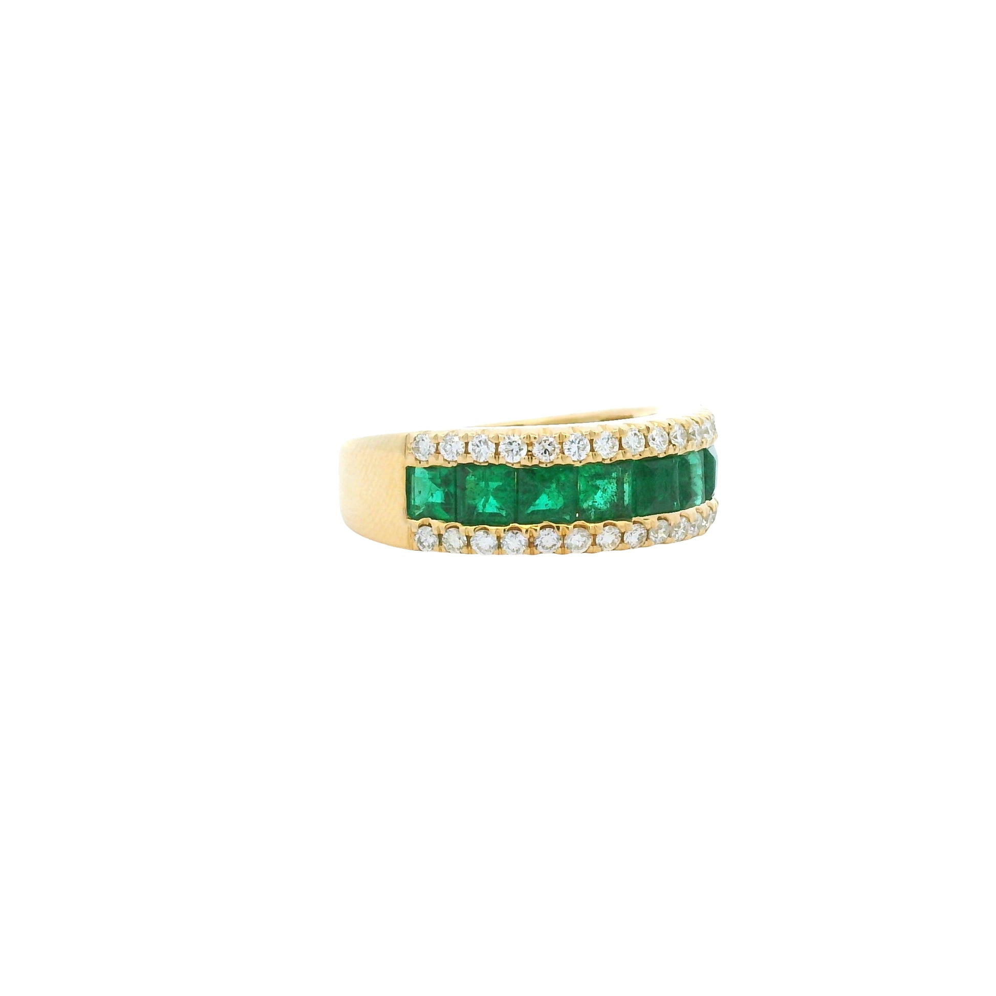14k Yellow Gold Natural Emerald &amp; Diamond 3-Row Band Ring