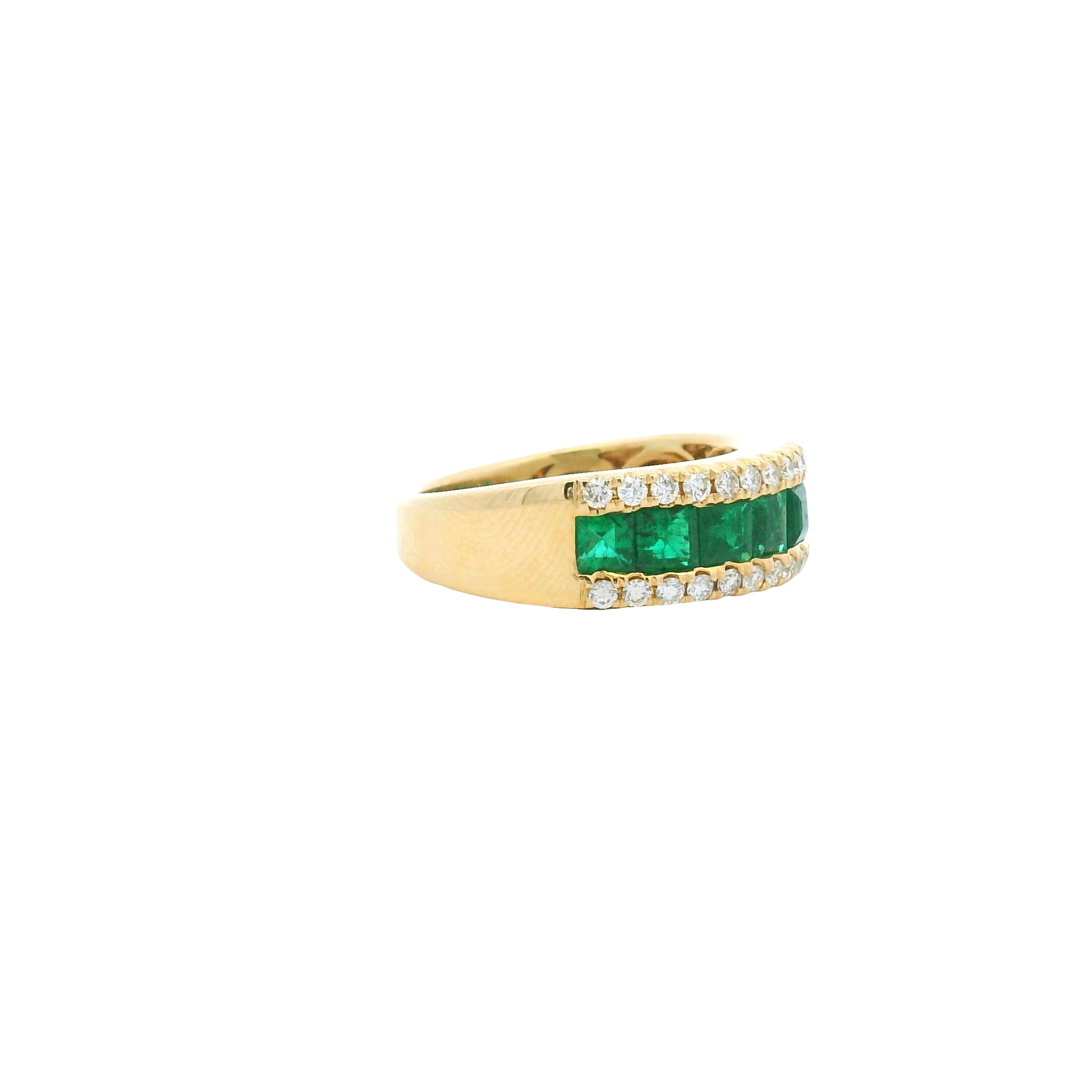 14k Yellow Gold Natural Emerald &amp; Diamond 3-Row Band Ring