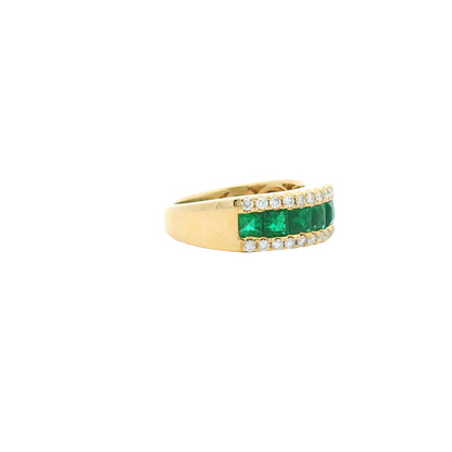 14k Yellow Gold Natural Emerald &amp; Diamond 3-Row Band Ring