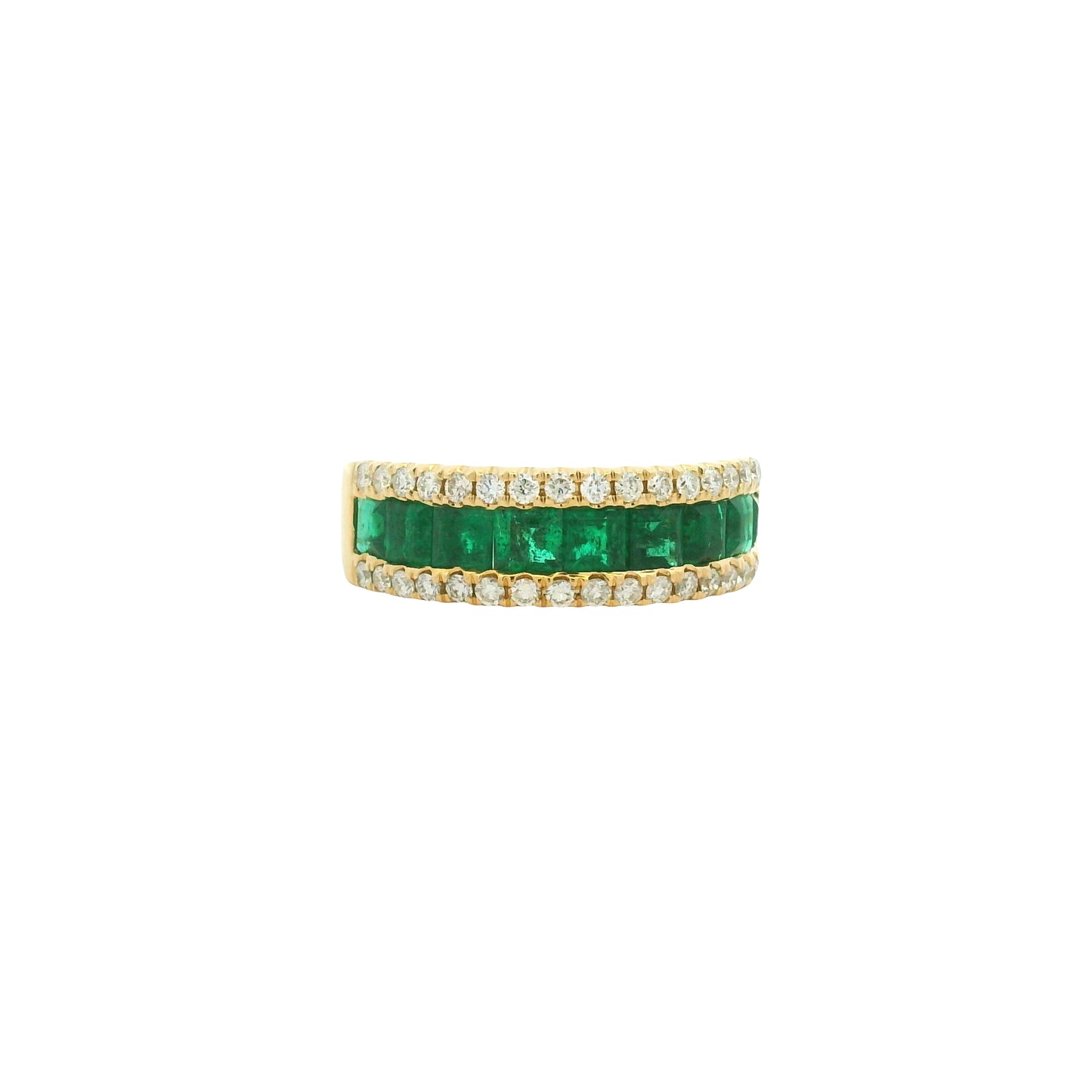 14k Yellow Gold Natural Emerald &amp; Diamond 3-Row Band Ring