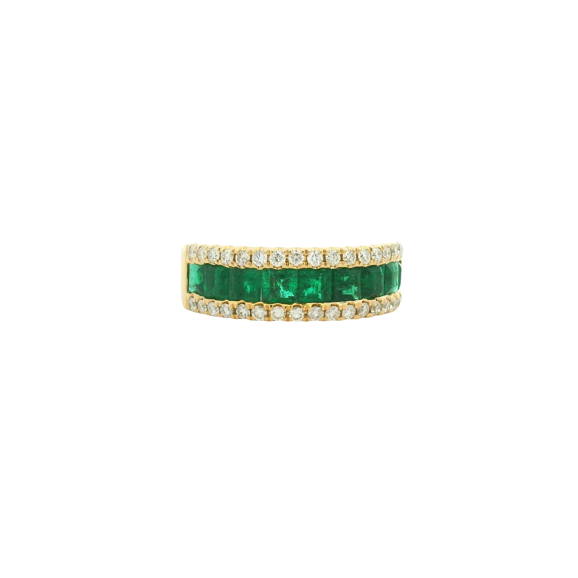 14k Yellow Gold Natural Emerald &amp; Diamond 3-Row Band Ring
