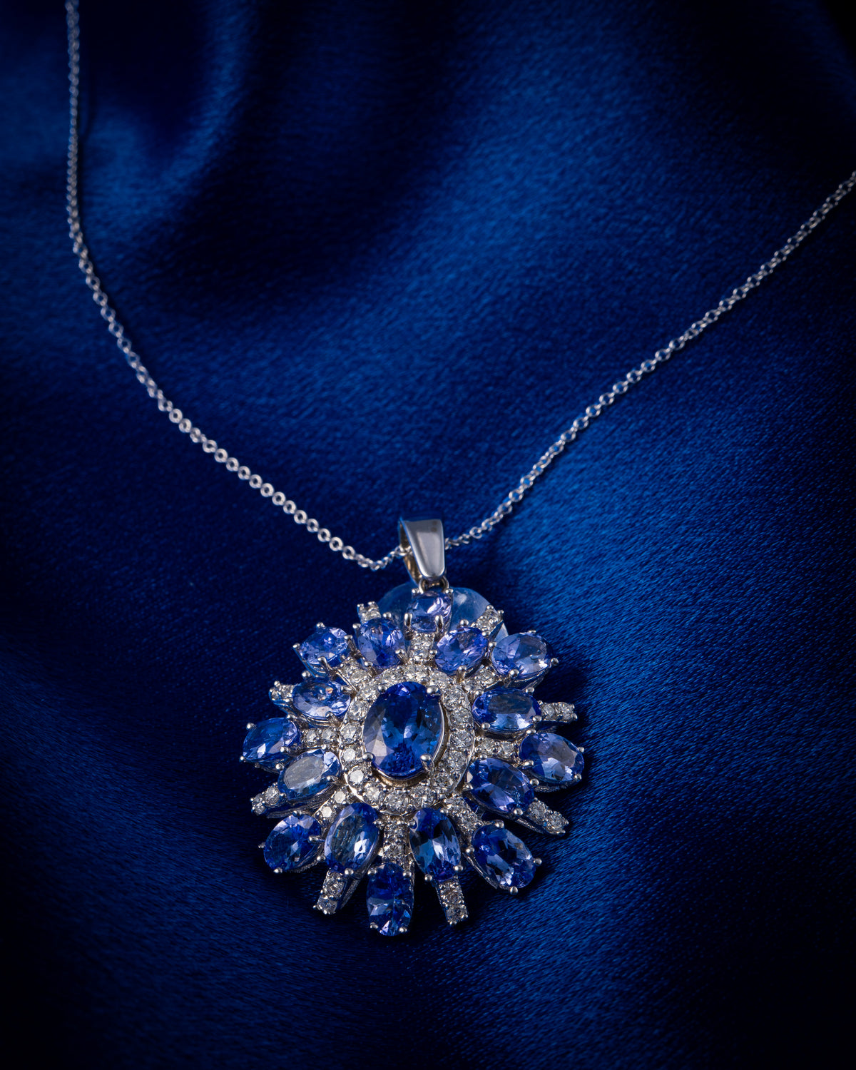14k White Gold Iolite Gemstone & Diamond Halo Pendant Necklace