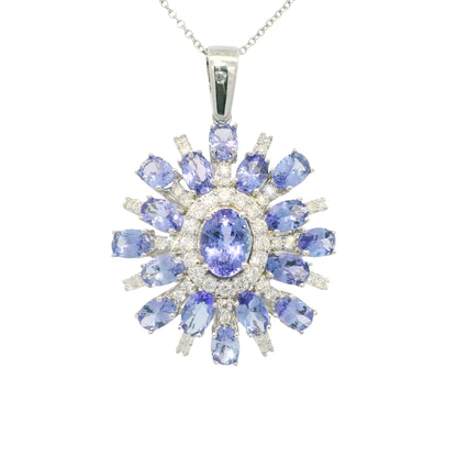 14k White Gold Iolite Gemstone & Diamond Halo Pendant Necklace