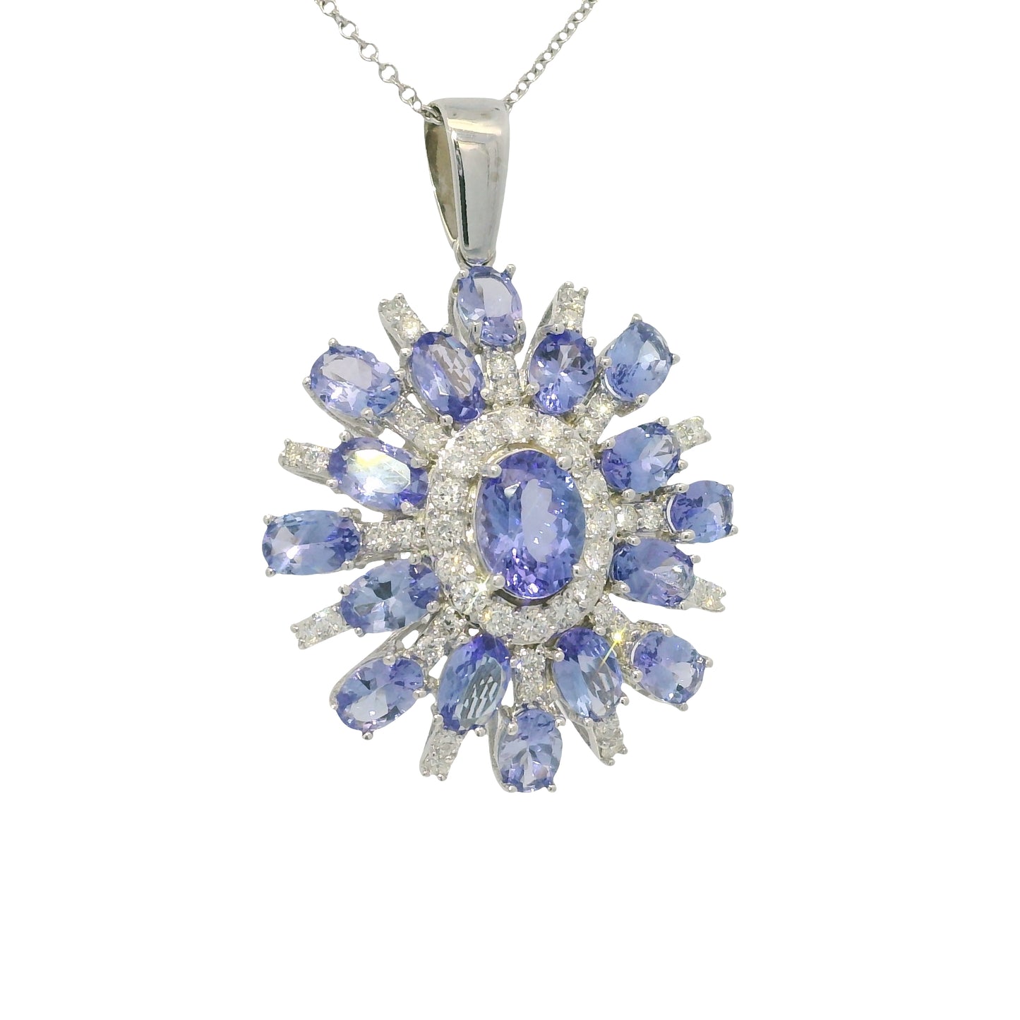 14k White Gold Iolite Gemstone & Diamond Halo Pendant Necklace