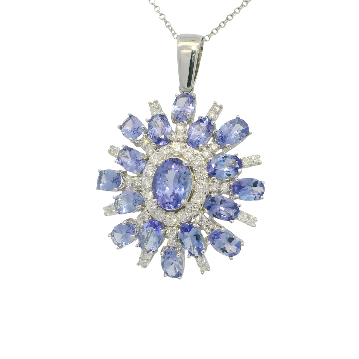 14k White Gold Iolite Gemstone & Diamond Halo Pendant Necklace — product photo 6