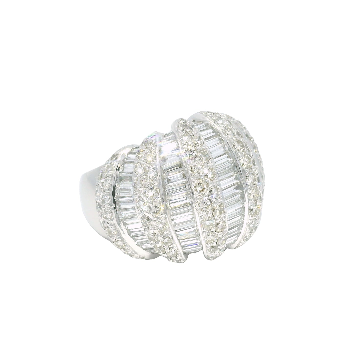 Platinum Natural 5.0 Carat Round Brilliant & Baguette Cut Diamond Dome Ring