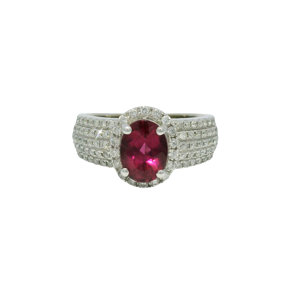 14k White Gold Pink Oval Gemstone & 5-Row Diamond Halo Ring — product photo 1