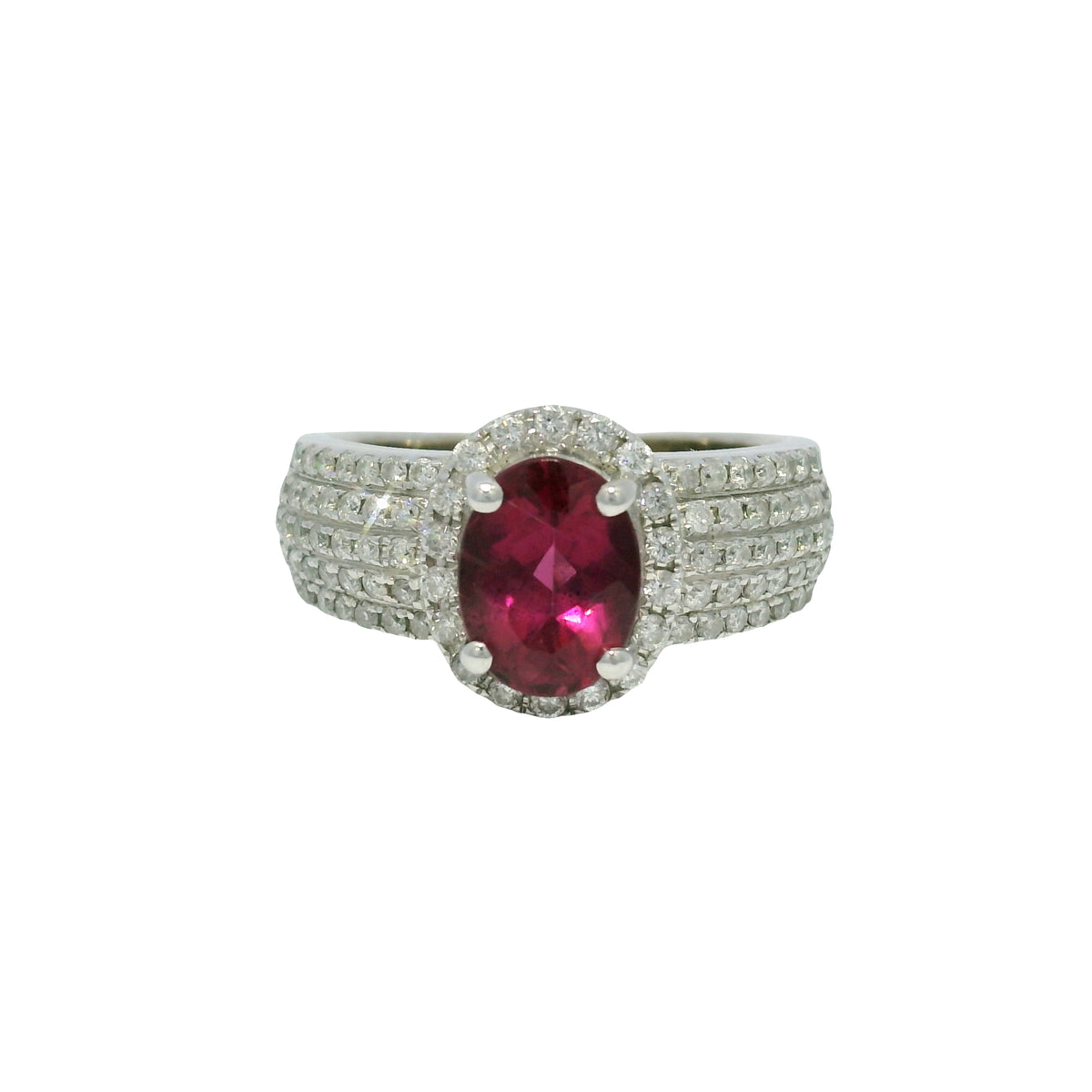 14k White Gold Pink Oval Gemstone & 5-Row Diamond Halo Ring — product photo 1