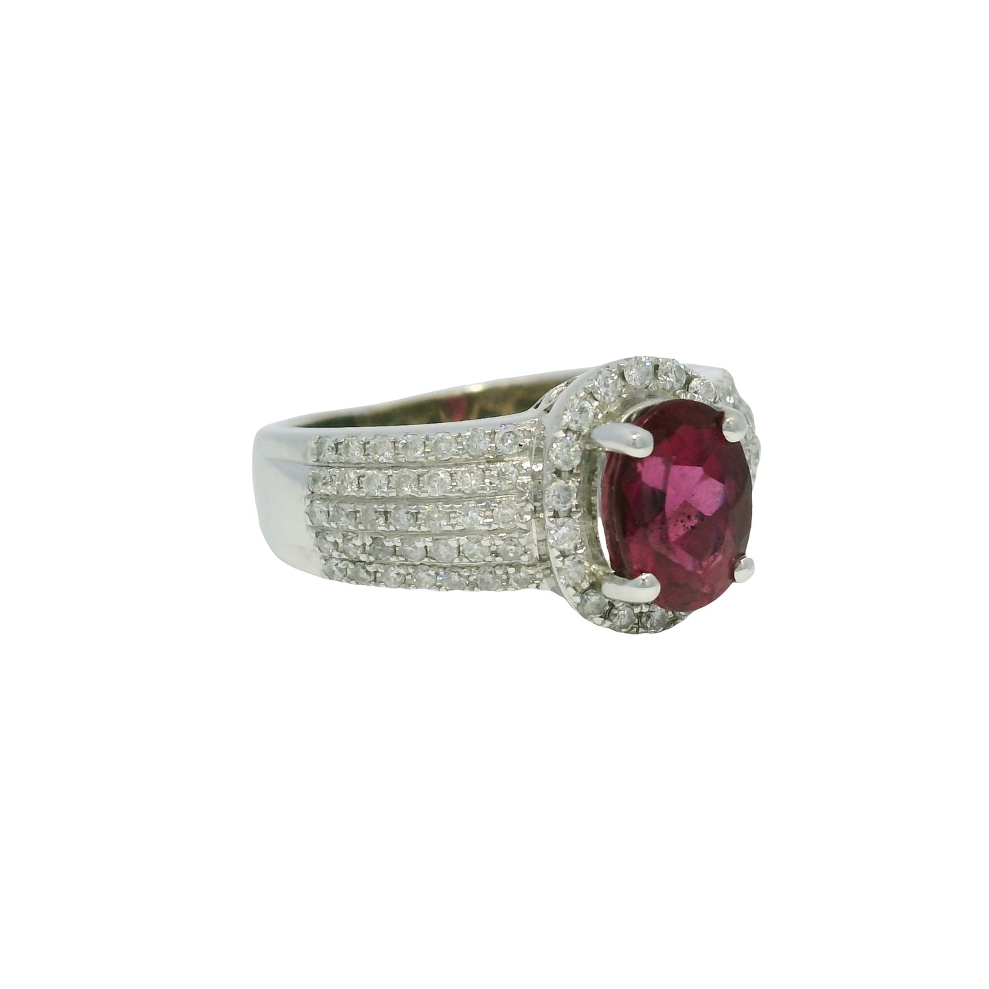 14k White Gold Pink Oval Gemstone & 5-Row Diamond Halo Ring
