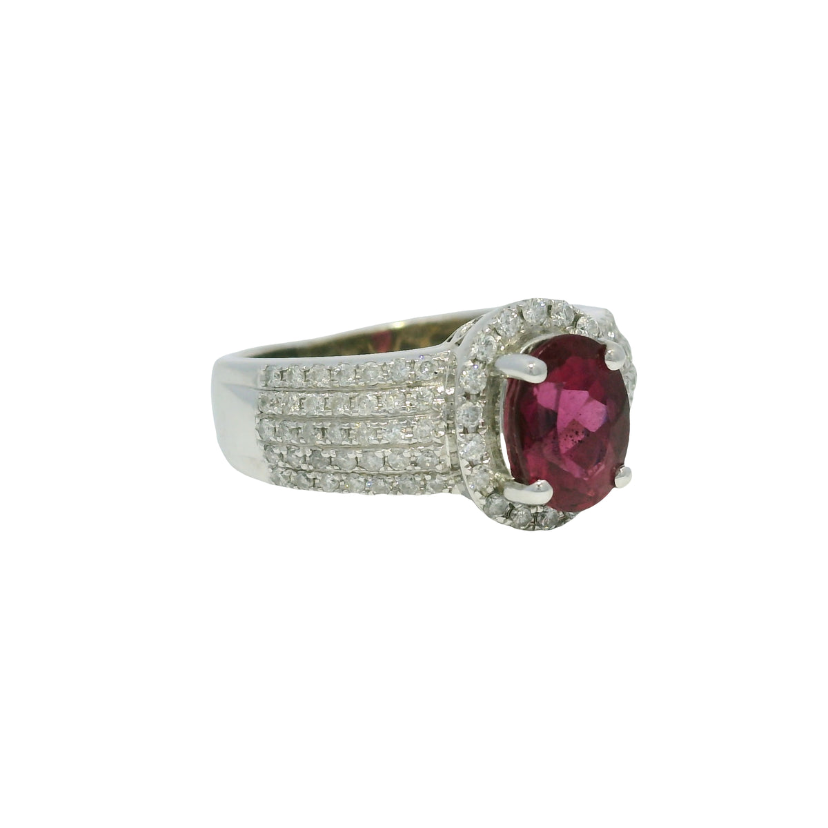 14k White Gold Pink Oval Gemstone & 5-Row Diamond Halo Ring — product photo 3