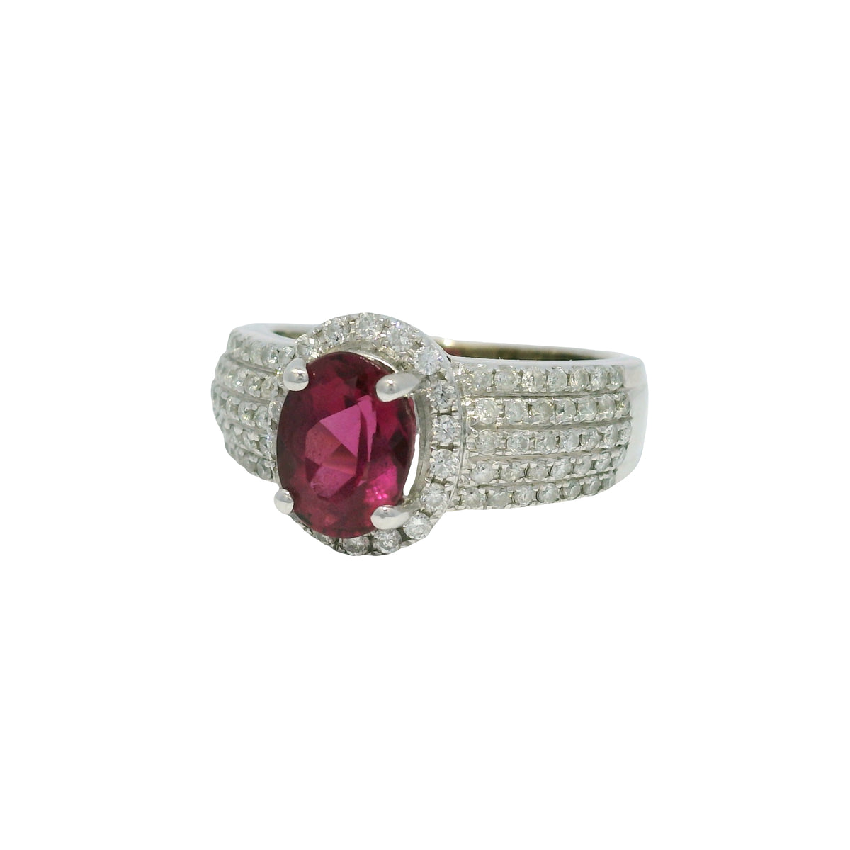 14k White Gold Pink Oval Gemstone & 5-Row Diamond Halo Ring — product photo 6