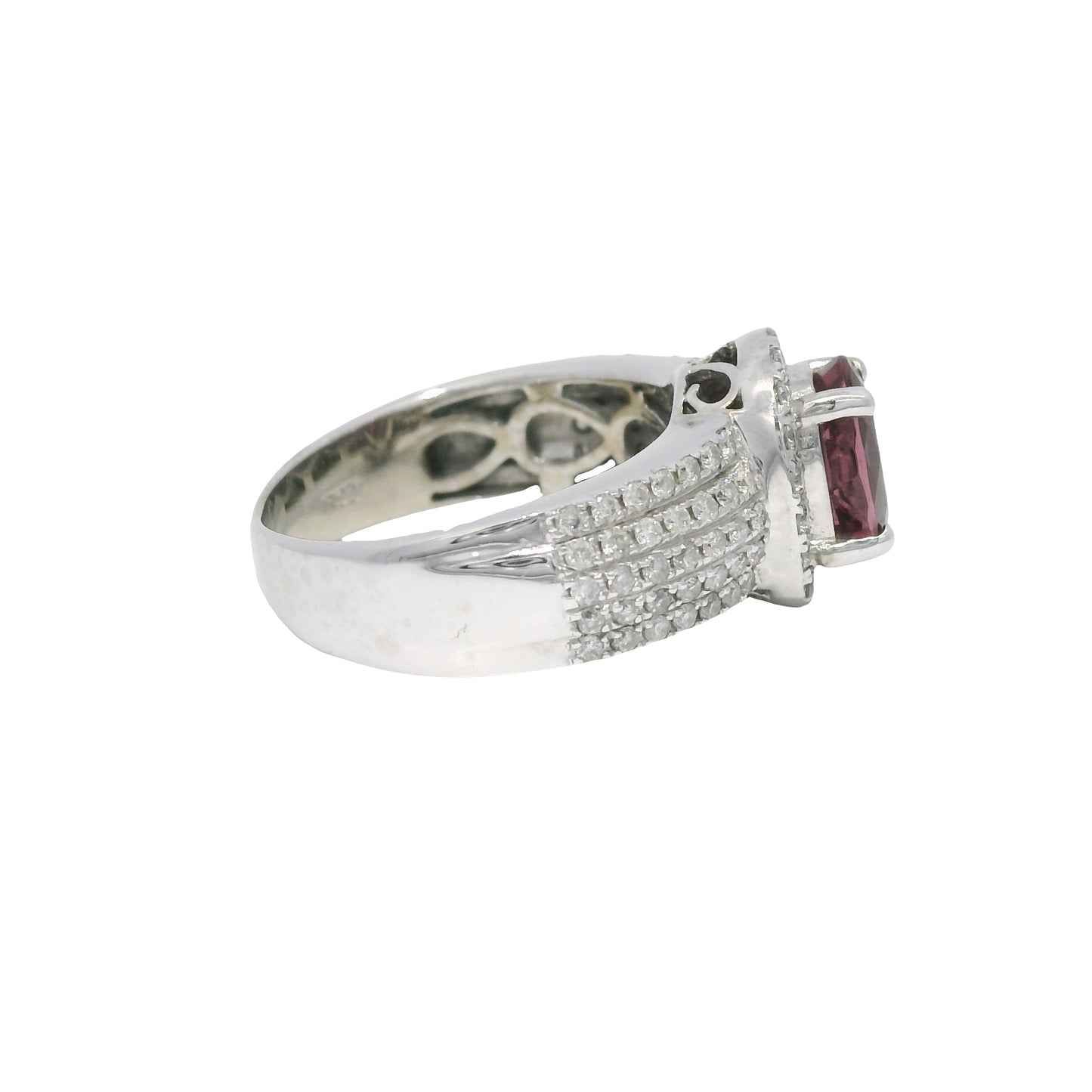 14k White Gold Pink Oval Gemstone & 5-Row Diamond Halo Ring