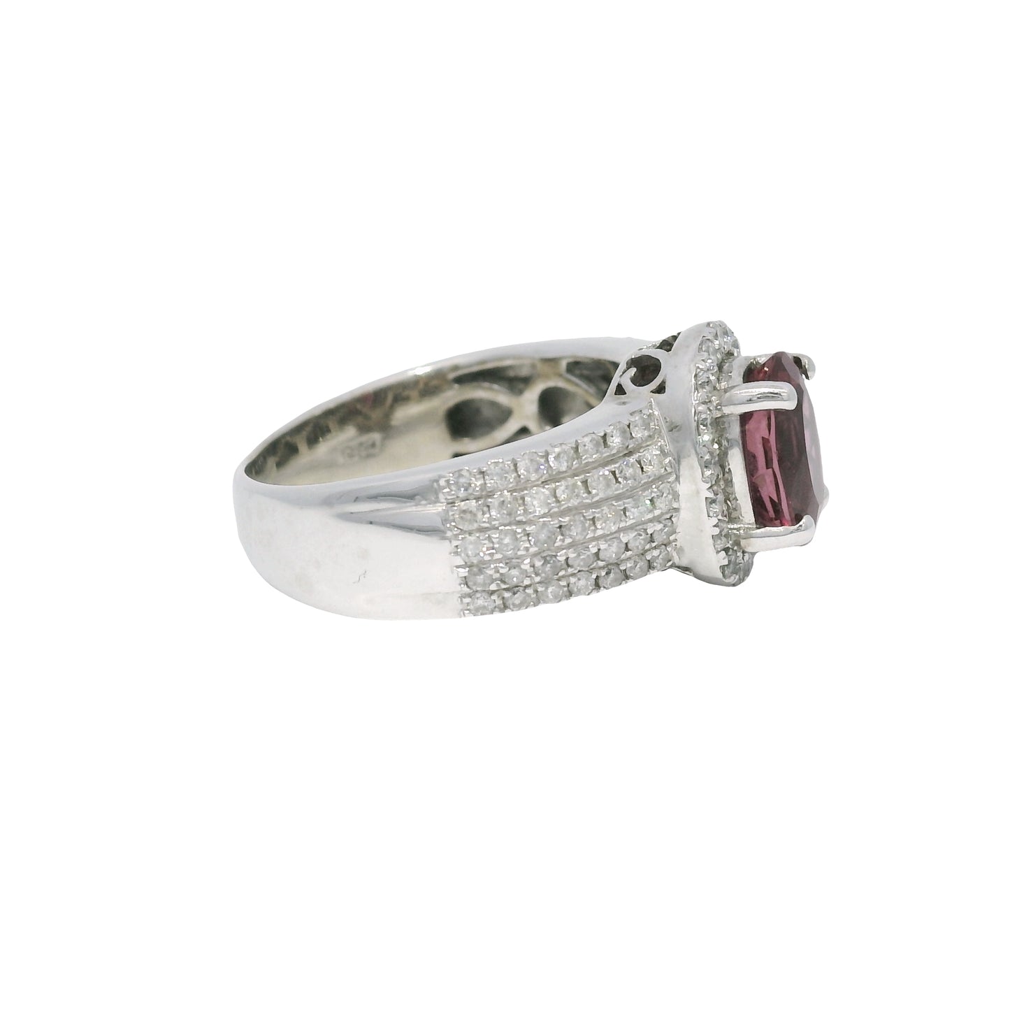 14k White Gold Pink Oval Gemstone & 5-Row Diamond Halo Ring