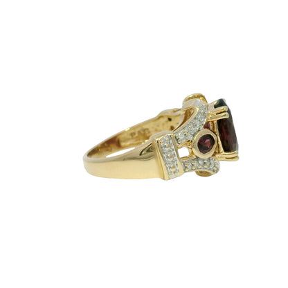 14k Yellow Gold Natural Garnet & Diamond Art Deco Style Ring