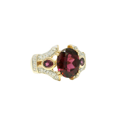 14k Yellow Gold Natural Garnet & Diamond Art Deco Style Ring