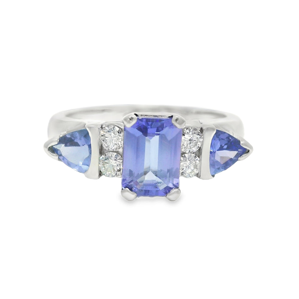 14k White Gold Emerald Cut Tanzanite & Round Brilliant Diamond Ring — product photo 1