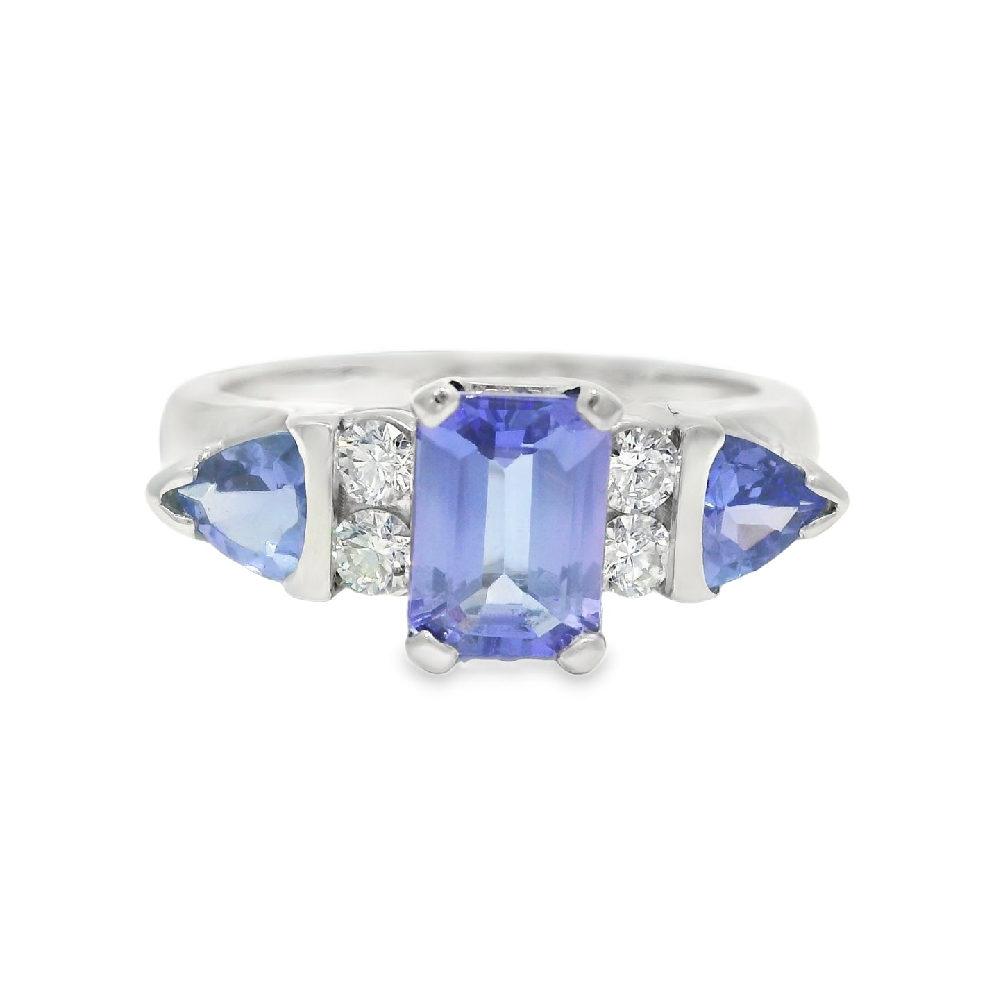 14k White Gold Emerald Cut Tanzanite & Round Brilliant Diamond Ring
