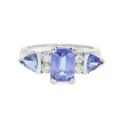 14k White Gold Emerald Cut Tanzanite & Round Brilliant Diamond Ring