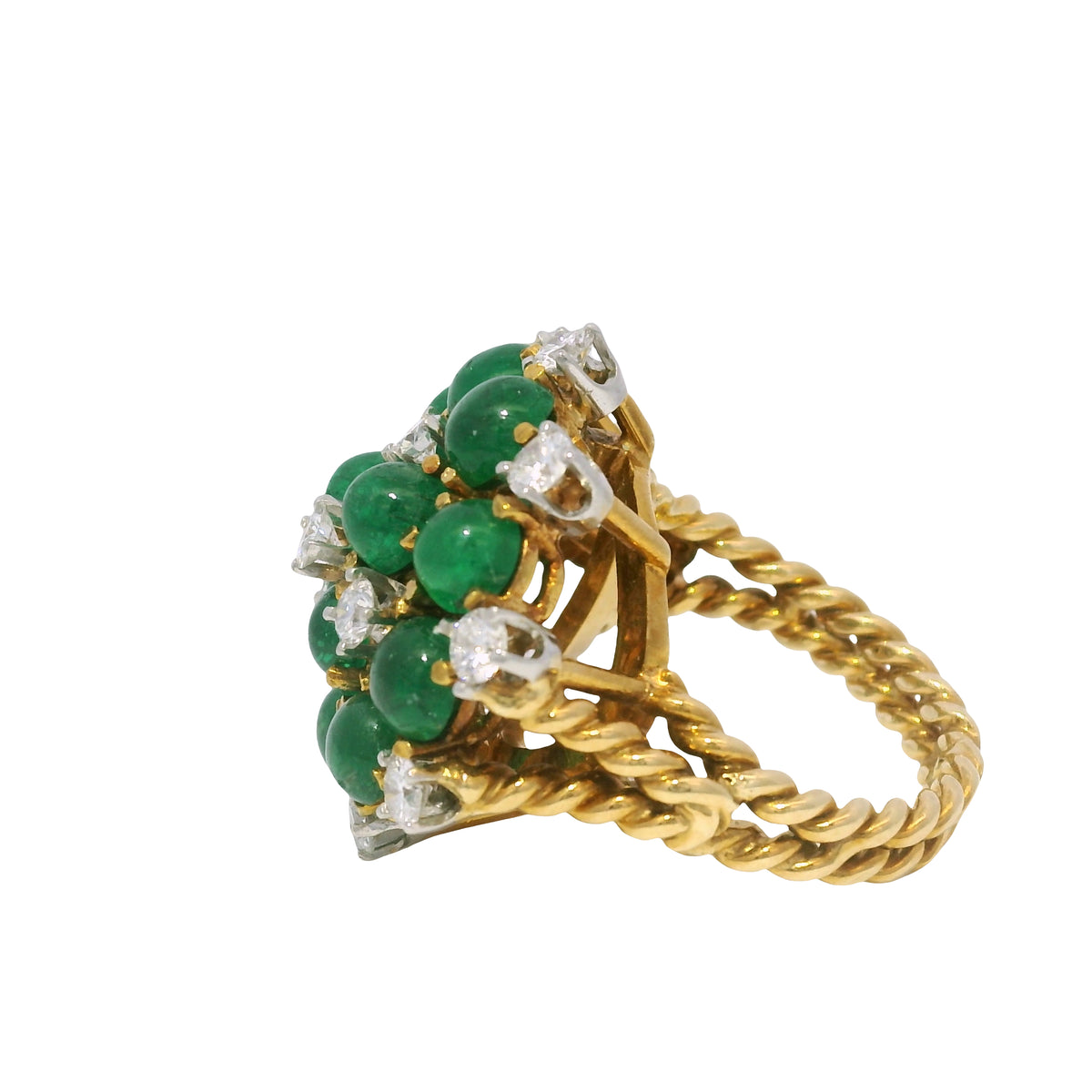 18k Yellow Gold Cabochon Emerald & Diamond Cable Ring — product photo 4