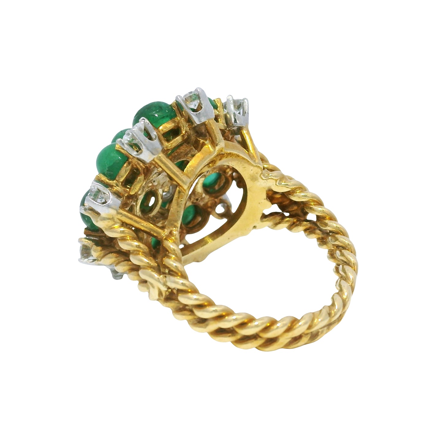 18k Yellow Gold Cabochon Emerald & Diamond Cable Ring