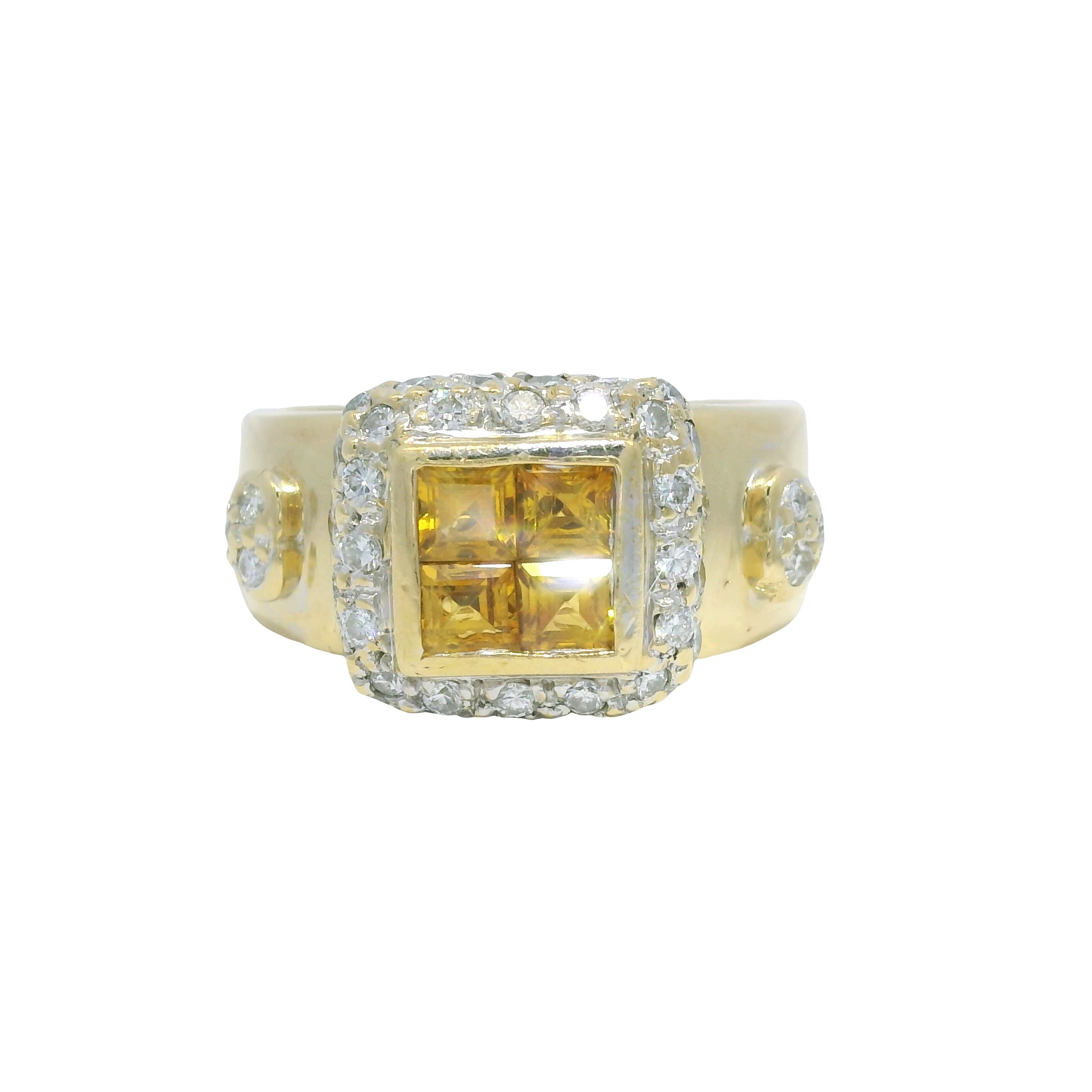 18K Yellow Gold Citrine Invisible Set & Diamond Halo Square Wide Ring