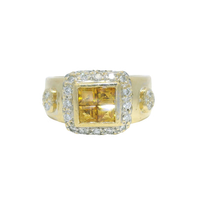 18K Yellow Gold Citrine Invisible Set & Diamond Halo Square Wide Ring