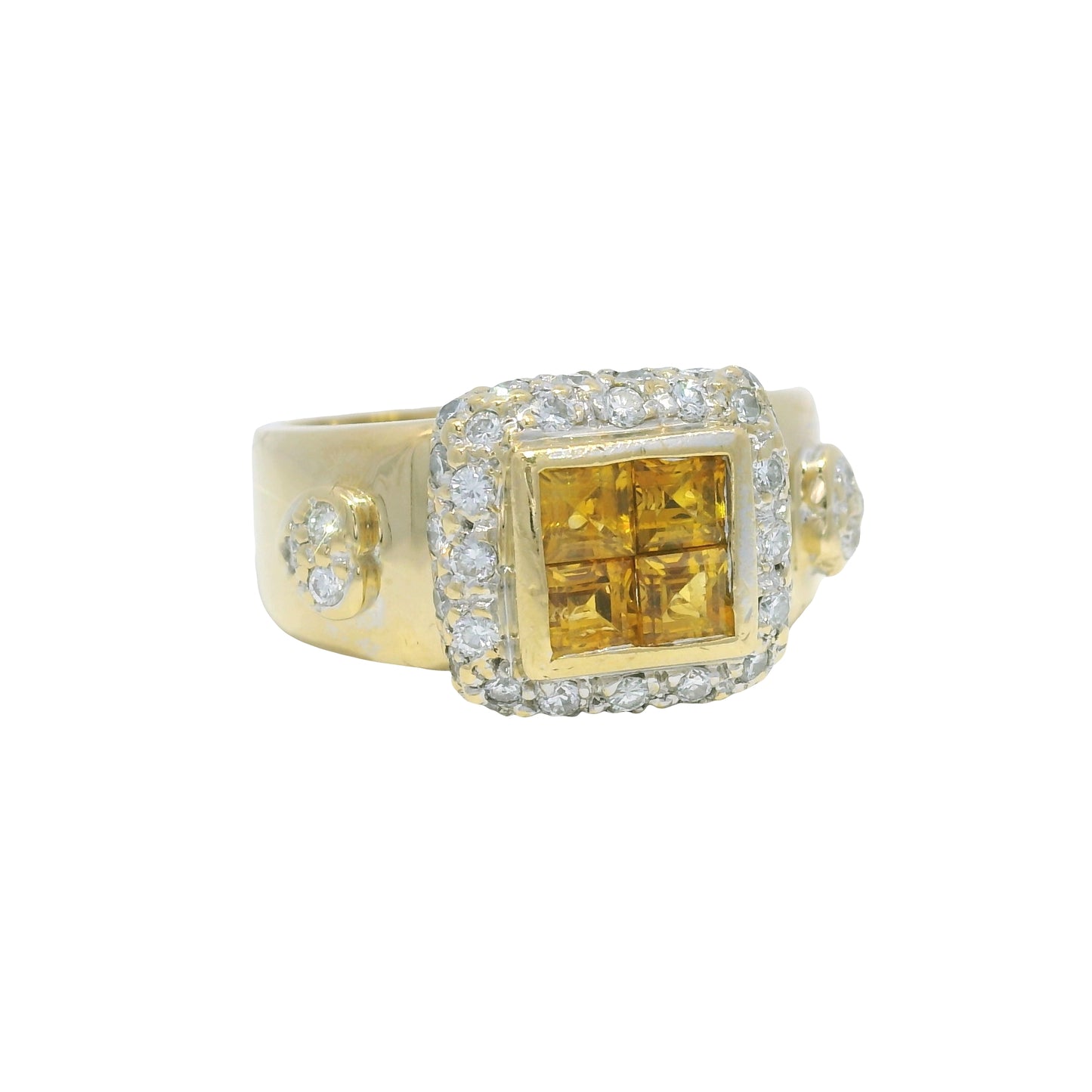 18K Yellow Gold Citrine Invisible Set & Diamond Halo Square Wide Ring