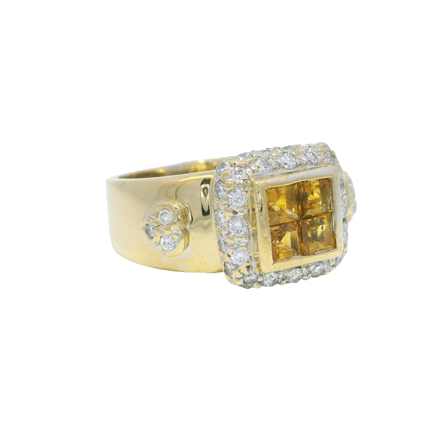 18K Yellow Gold Citrine Invisible Set & Diamond Halo Square Wide Ring