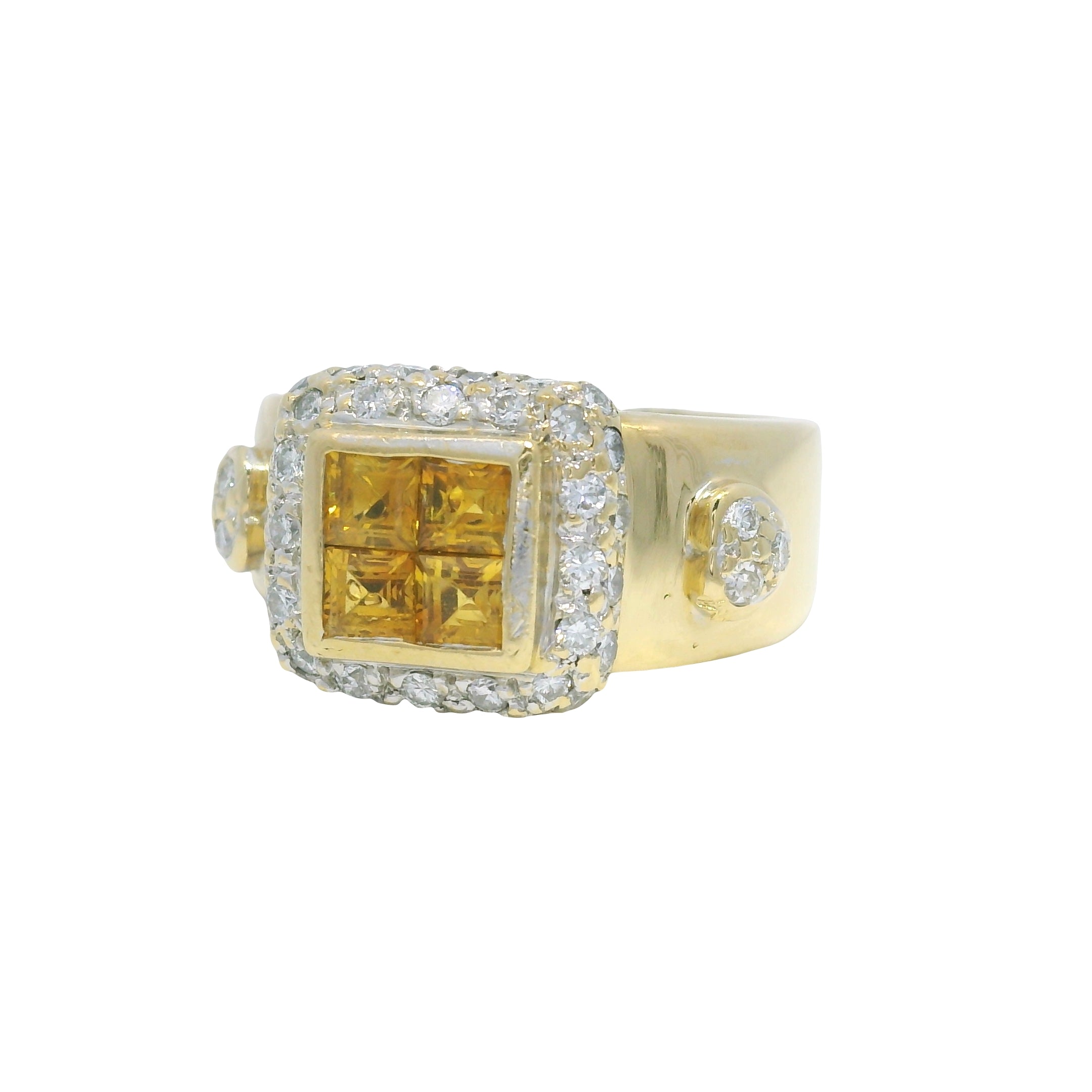 18K Yellow Gold Citrine Invisible Set & Diamond Halo Square Wide Ring
