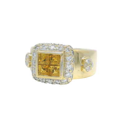 18K Yellow Gold Citrine Invisible Set & Diamond Halo Square Wide Ring