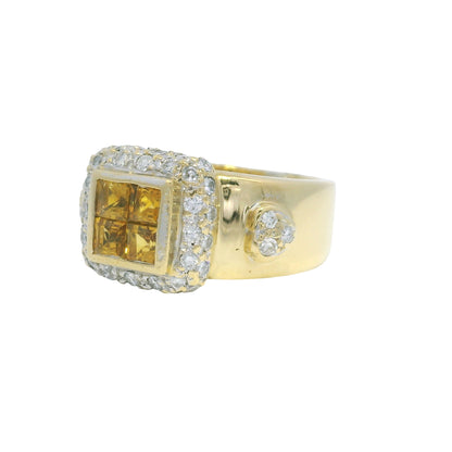 18K Yellow Gold Citrine Invisible Set & Diamond Halo Square Wide Ring