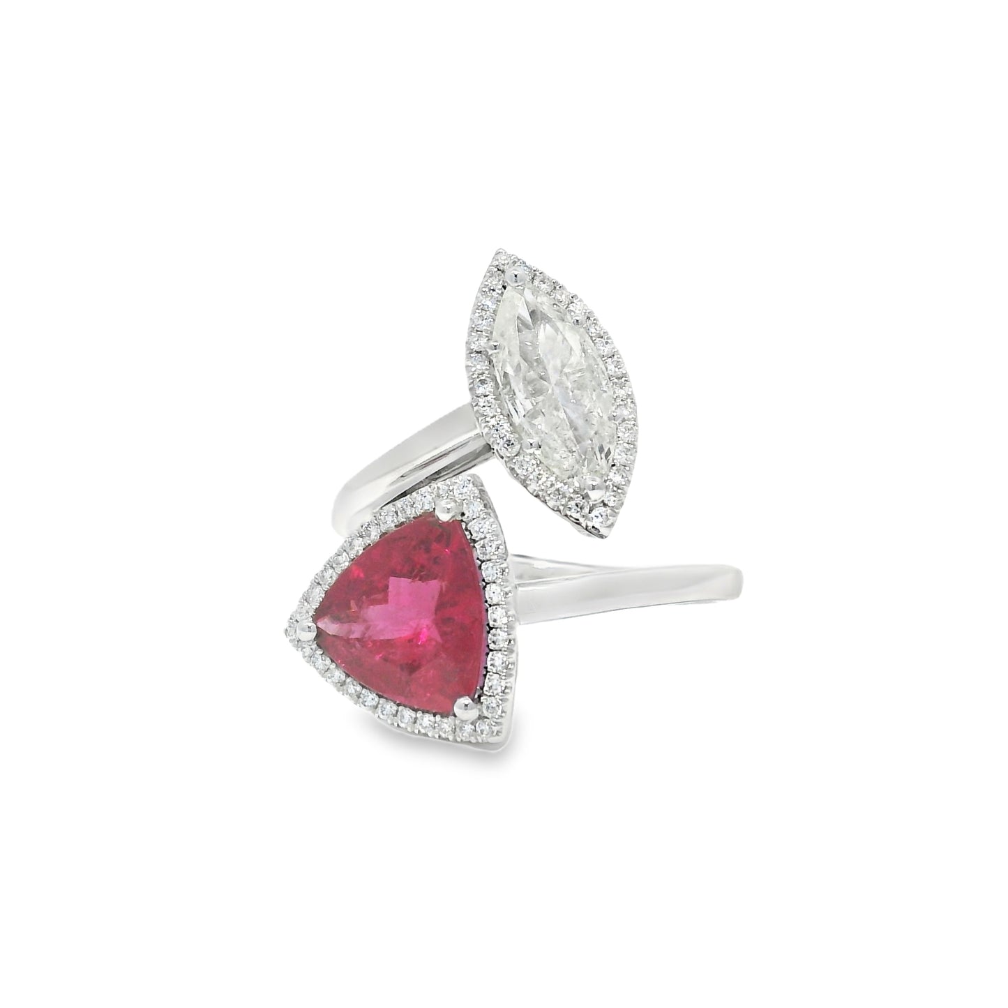 18k White Gold Natural Rubellite & Marquise Cut Diamond Bypass Ring