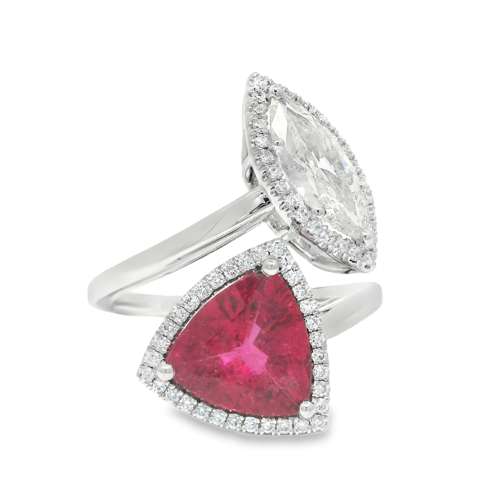 18k White Gold Natural Rubellite & Marquise Cut Diamond Bypass Ring — product photo 1