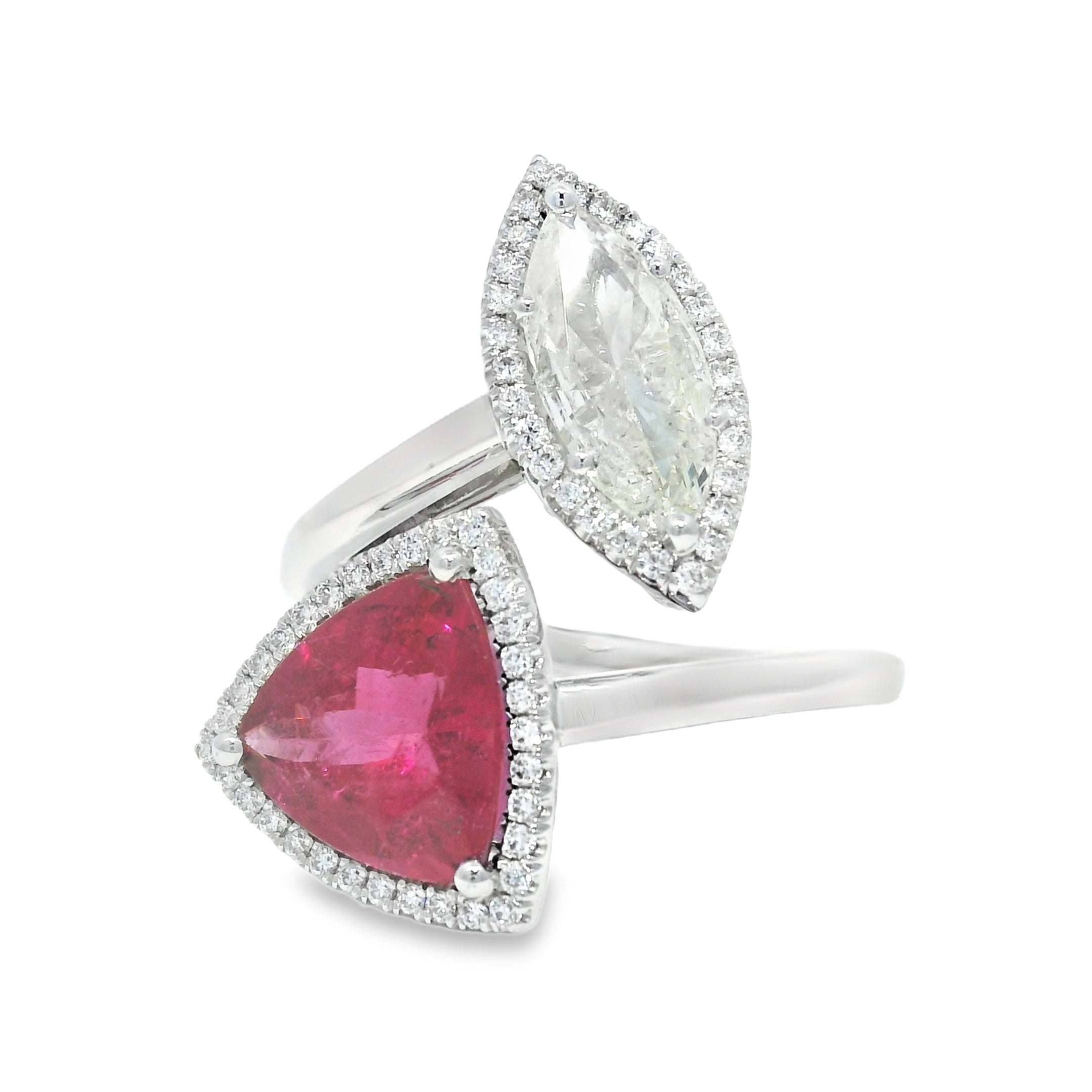 18k White Gold Natural Rubellite & Marquise Cut Diamond Bypass Ring