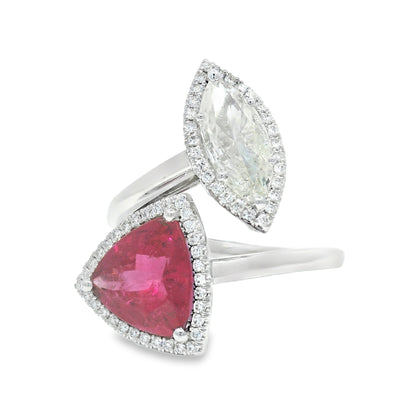 18k White Gold Natural Rubellite & Marquise Cut Diamond Bypass Ring