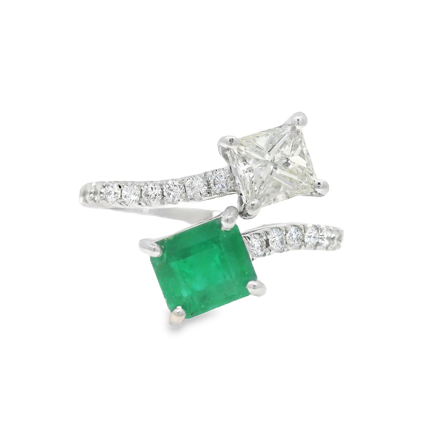 14k White Gold Natural Emerald & Princess Cut Diamond Bypass Ring