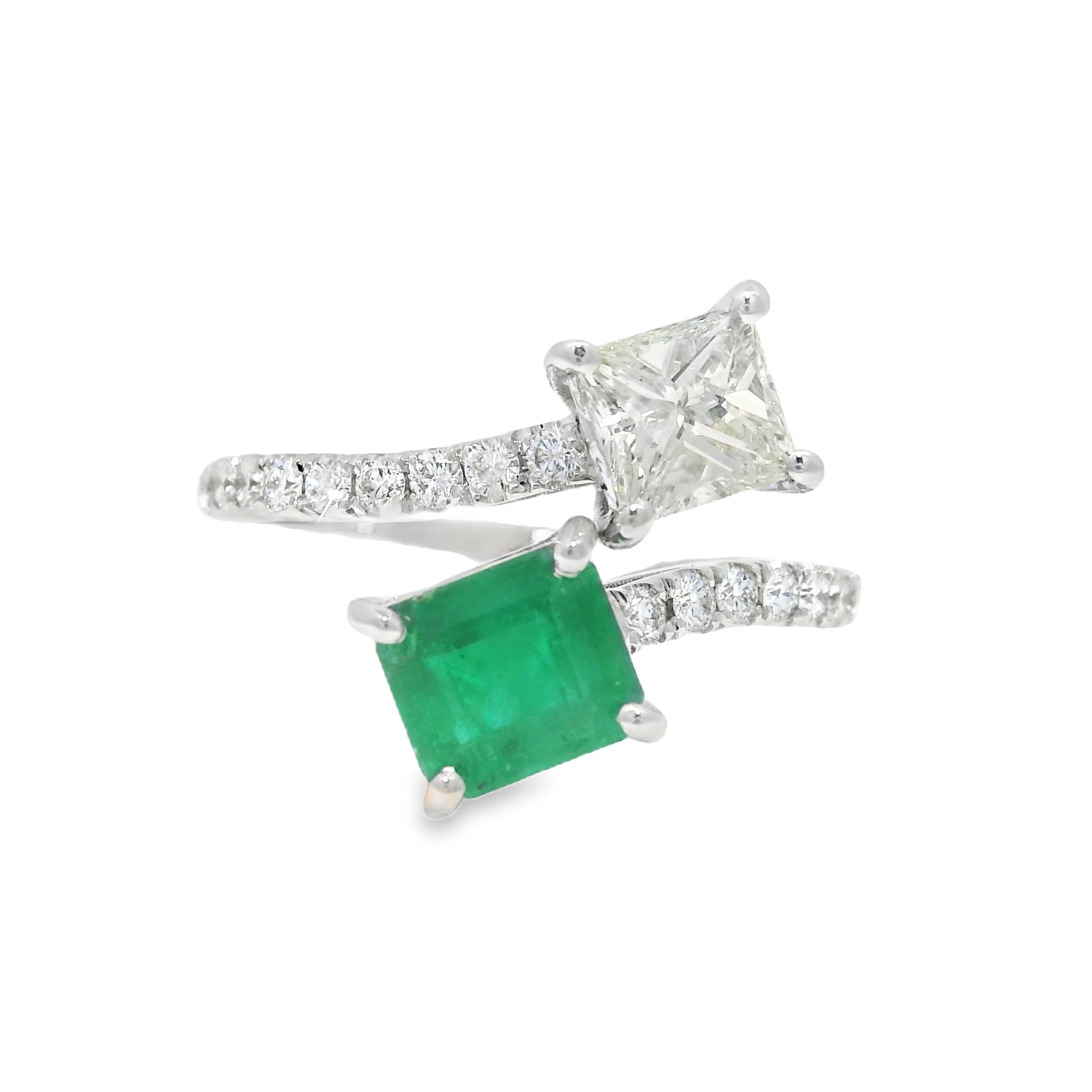 14k White Gold Natural Emerald & Princess Cut Diamond Bypass Ring