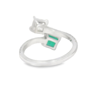 14k White Gold Natural Emerald & Princess Cut Diamond Bypass Ring