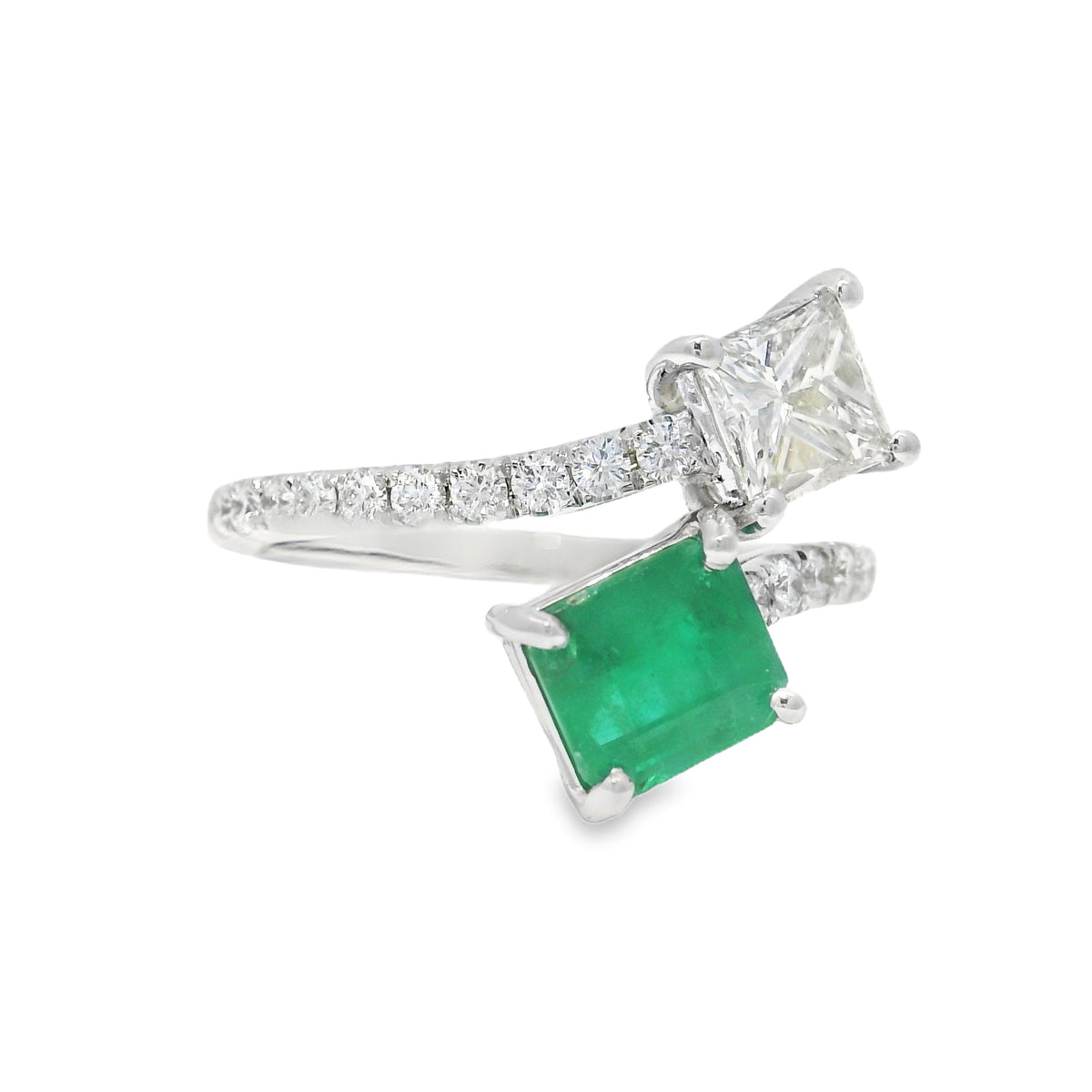 14k White Gold Natural Emerald & Princess Cut Diamond Bypass Ring — product photo 7