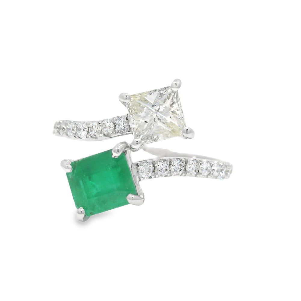 14k White Gold Natural Emerald & Princess Cut Diamond Bypass Ring — product photo 2