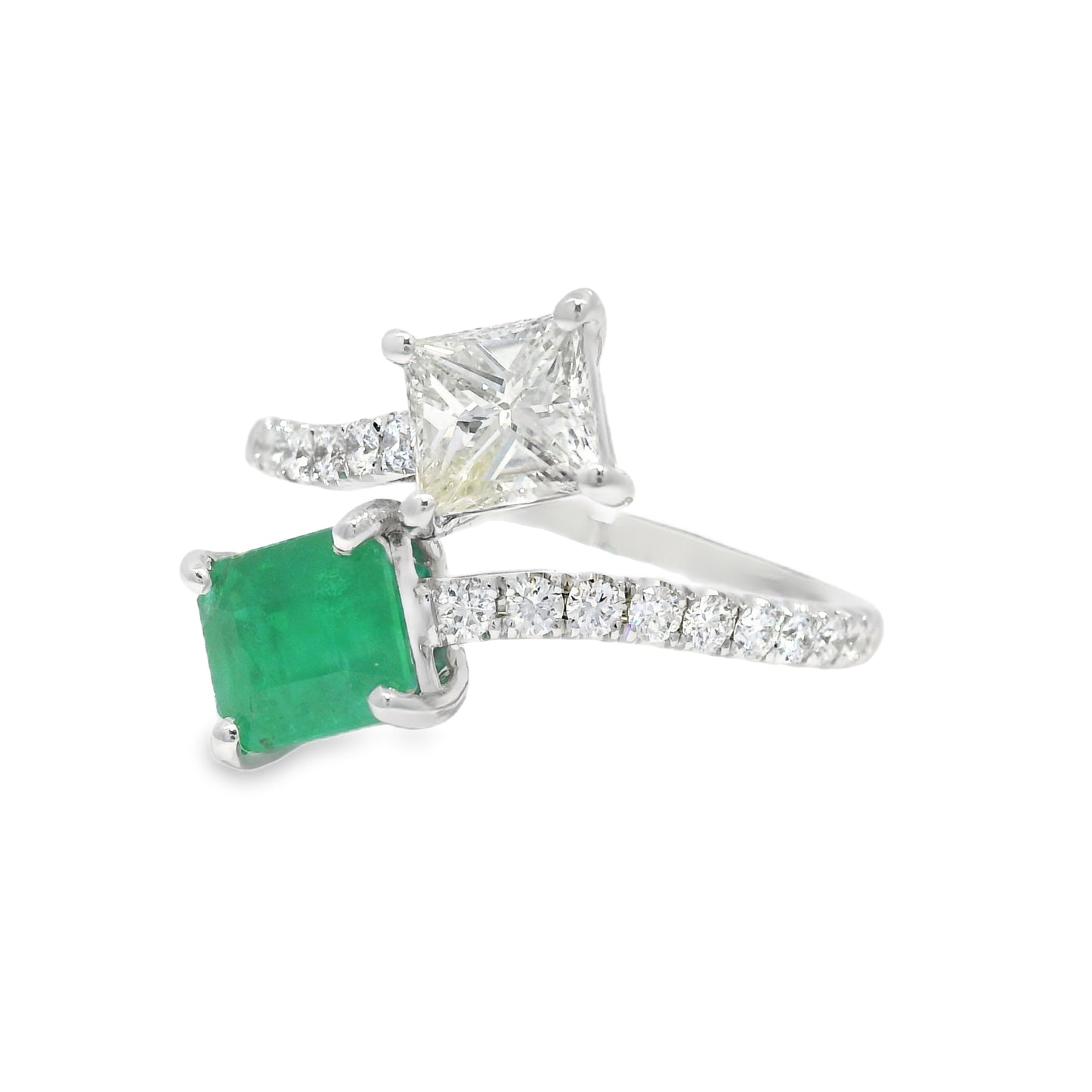 14k White Gold Natural Emerald & Princess Cut Diamond Bypass Ring